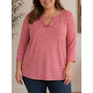 T by Talbots Women's 2X Coral Pink Marled Knit Blouse 3/4 Sleeve Split V Neck